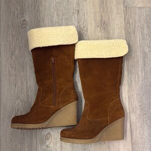 Brown Suede Wedge Boots with Cream Fur Lining